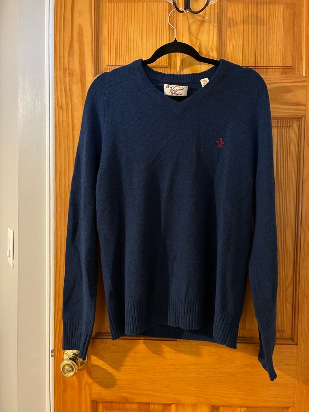 Original Penguin Navy V-Neck Sweater with Red Logo